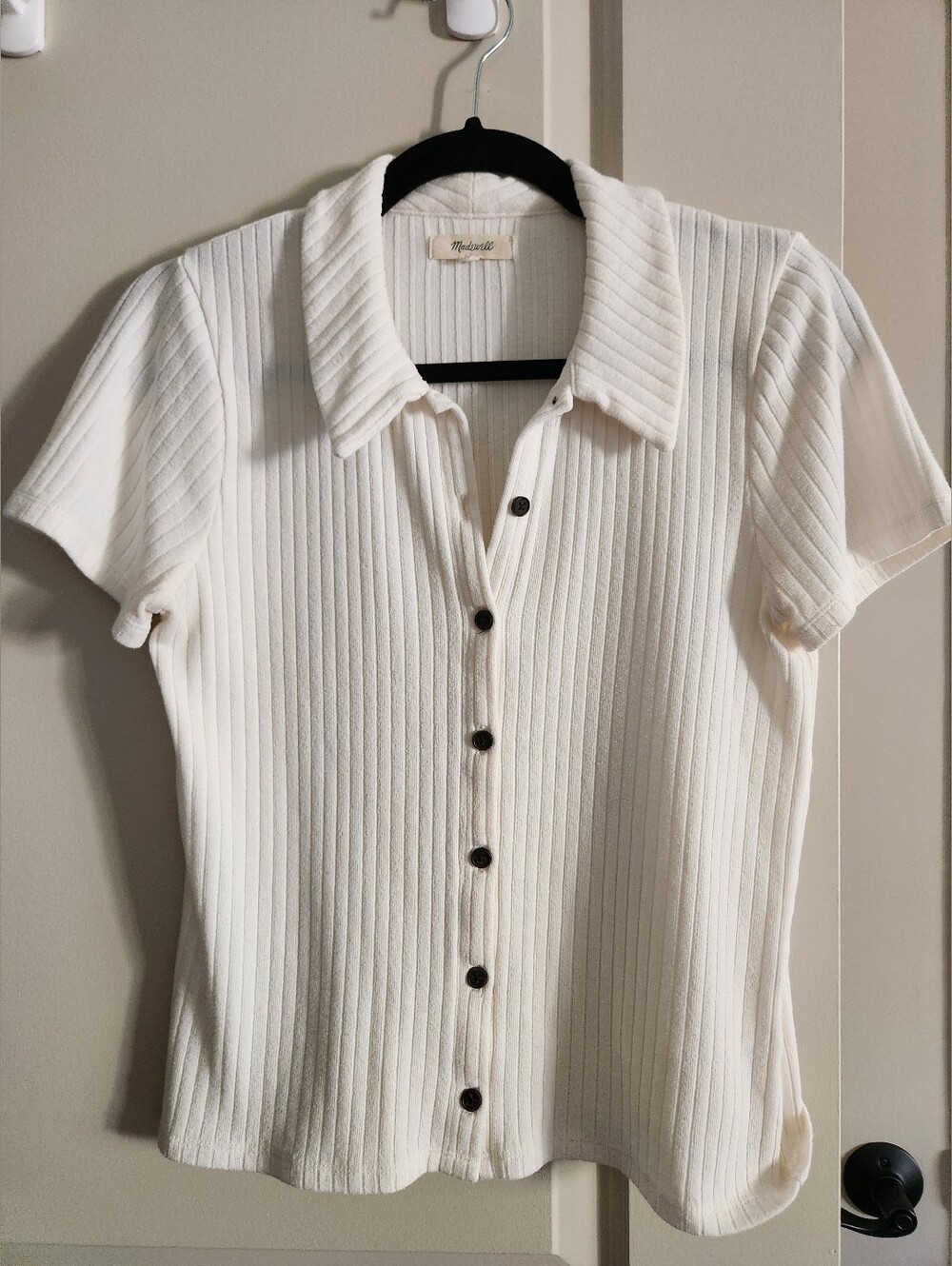 Cream Ribbed Polo Button-Front Tee - Picture 3 of 4